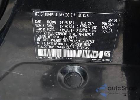 2016 Honda Hr-V Ex-L from USA, damaged, VIN 3CZRU6H76GM712756